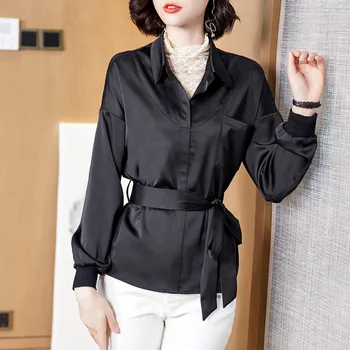 

Europe Women's Spring High Street Fashion Turn Down Collar With Lace Black Blouses Tops Female Office Formal Slim Sashes Shirts