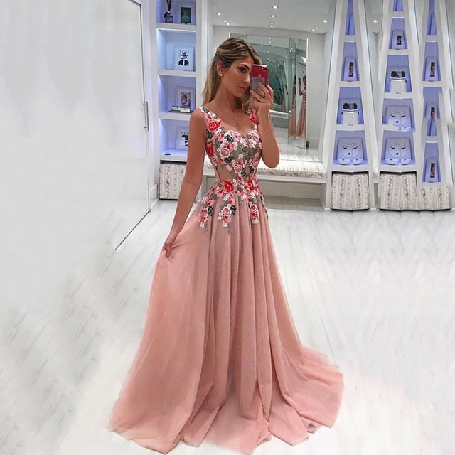 Vestidos formales de encaje con escote en V, de graduación bordados, de noche largo de Aline, vestido de fiesta largo bordado, vestidos elegantes - AliExpress