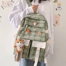 Large Capacity Korean Lovely Girl Backpack 2021 New Female Student Schoolbag Japanese Canvas Preppy Style Plaid Travel Bag Women