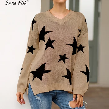 

Women Knitted Sweaters Winter Loose Lady Sweater Long Sleeve 5 Stars Autumn V-neck Casual Thin Knit Pullovers Plus Size GV682