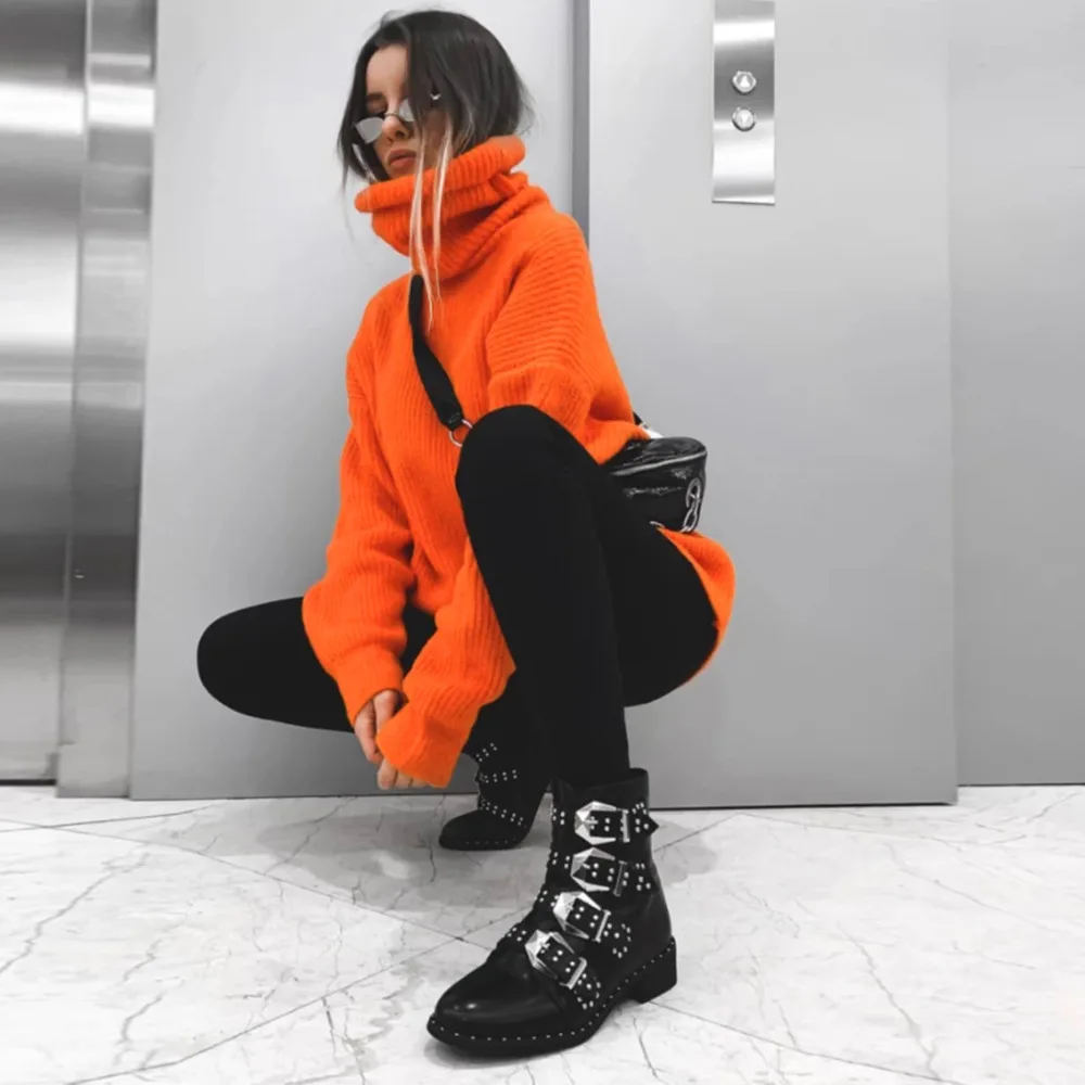 Fashion Turtleneck Oversized Sweater Winter Clothes Women Neon Green Pink Orange Pullover Ladies Knit Tops