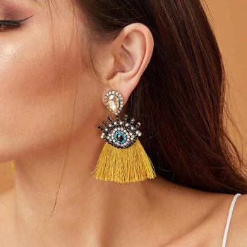 

2020 New Arrivals Turkish Eye Tassel Earrings AB Rhinestone Crystal Drop Earrings Exaggerated Bohemian Statement Dangle Earrings