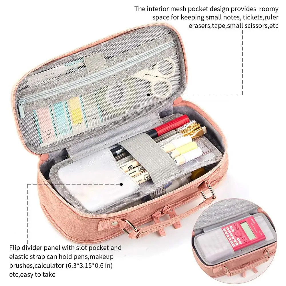 Multifunctional Pen Bag Holder for Men and Women Large Opening Pencil Bag Pouch Box Organizer with 3 Compartments Big Capacity Pencil Pen Case with Handle Green