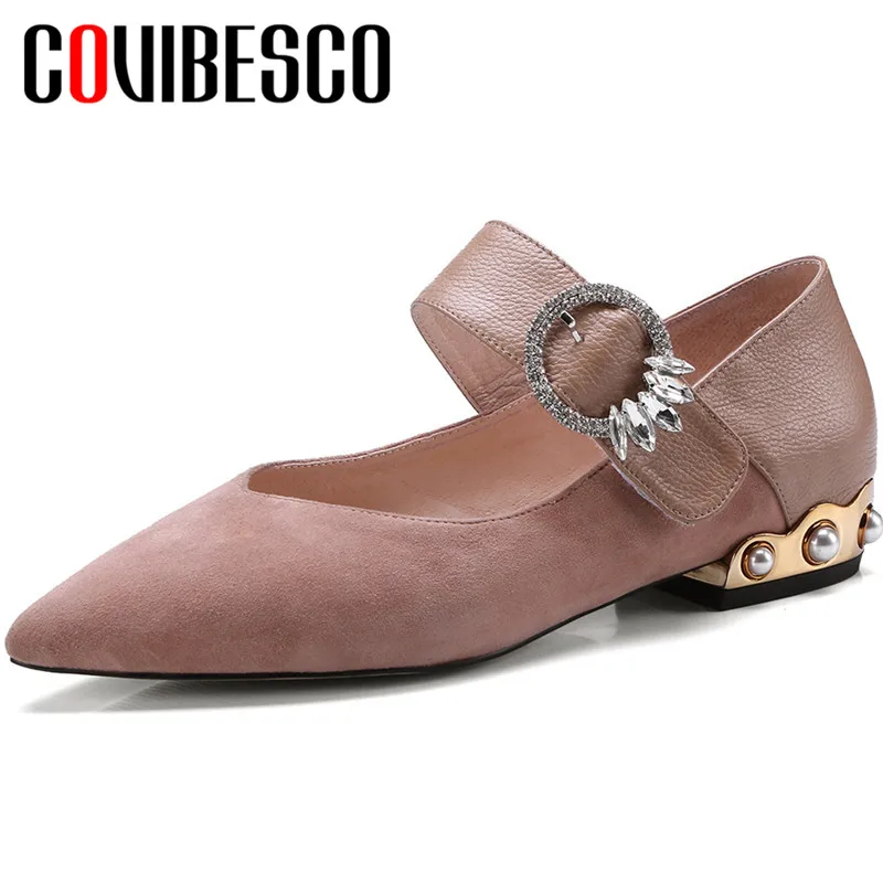 

COVIBESCO 2020 Classic Design Women Pumps Kid Suede Spring Autumn Casual Pearl Decoration Rhinestone Pointed Toe Square Heeled