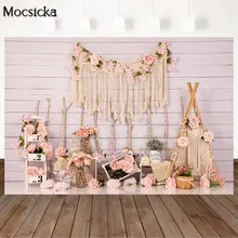 

Mocsicka Pink Flower Spring Kids Baby Newborn Photography Backdrop Striped Wall Birthday Background Photo Studio Photocall Props