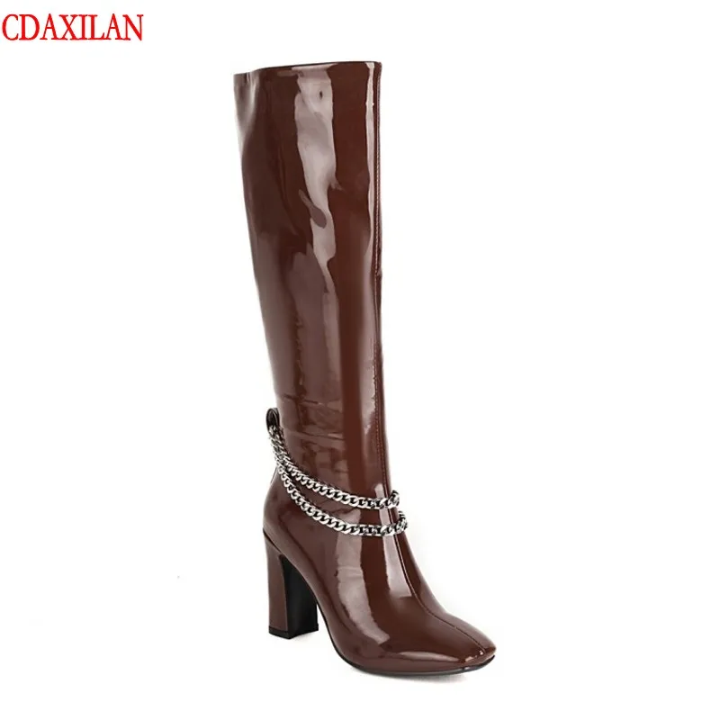 CDAXILAN NEW arrivals Riding equestain boots women's Patent leather side zipper high-heel knee-high boots winter warm boots