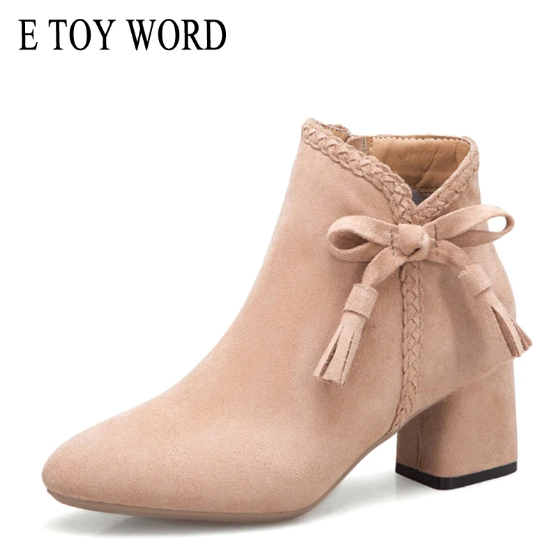 

E TOY WORD New Spring Autumn women boots Pointed toe Thick High Heel shoes Womens Ankle Boots Bow Fashion Martin Boots Women