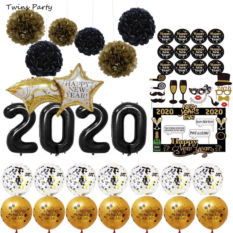

Twins Black Gold 2020 Happy New Year Balloons Photo Booth Props Decoration Kit For Christmas Home Party Air Balls Decoration