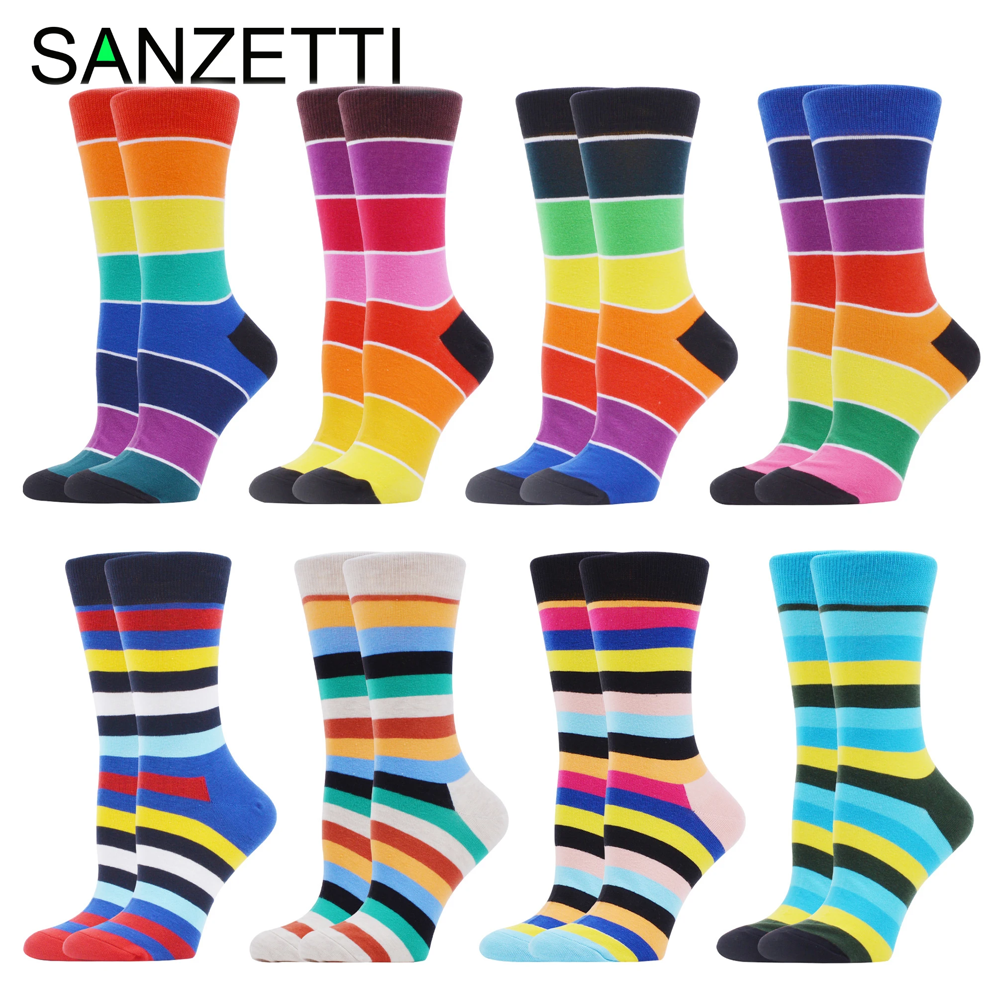 

SANZETTI 8 Pairs/Rainbow Women's Socks Gorgeous Happy Casual Hip-Hop Trend Harajuku Stripes Collocation Novel Wedding Party Sock