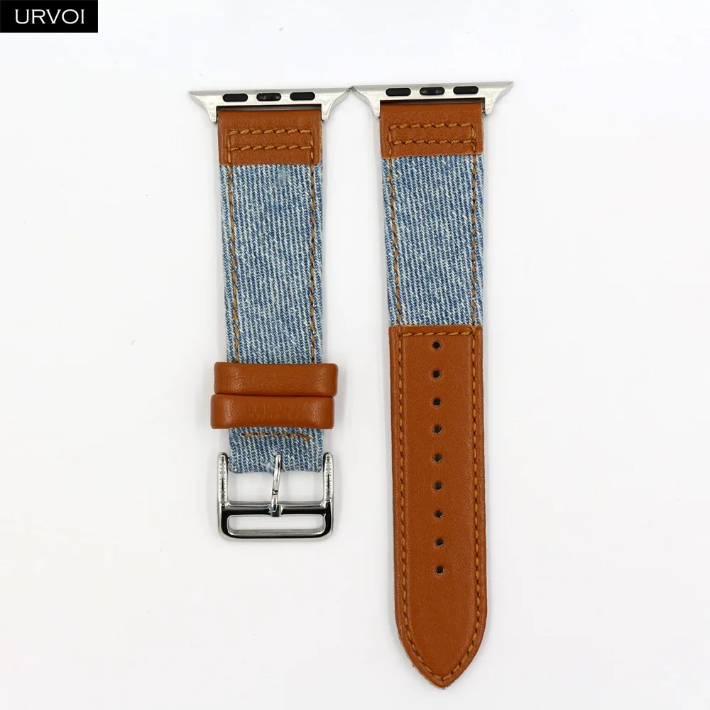 URVOI холст band для apple watch серии 5 4 3 2 1 ремешок для наручных часов iwatch, большие размеры 40-44 мм джинсы с кожаной задняя браслет на запястье 38, 42 мм - Цвет ремешка: L blue Brown
