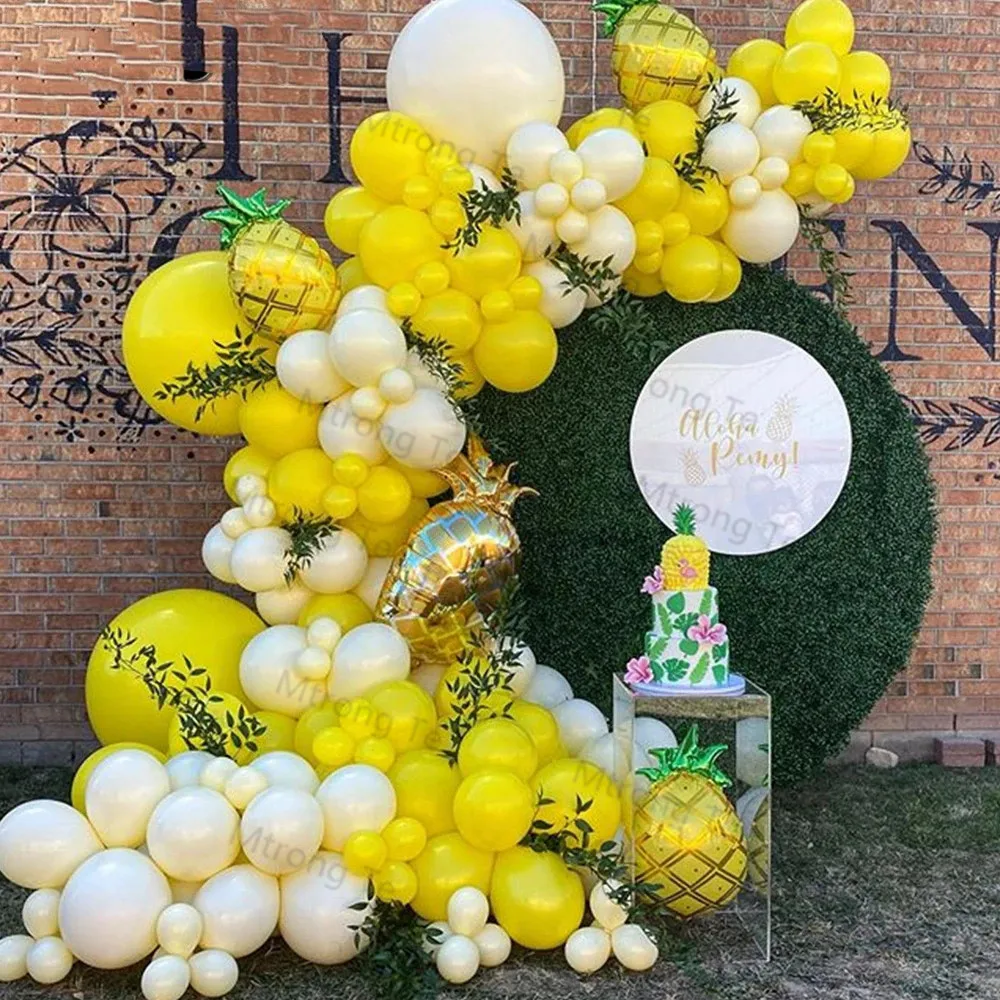 

108pcs Yellow Milky White Balloons Garland Arch Kit Big Aluminum Foil Pineapple Balloon Wedding Birthday Baby Shower Decorations