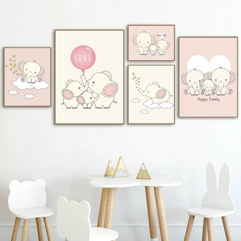 

Pink Elephant LOVE Family Cloud Cartoon Wall Art Canvas Painting Nordic Posters And Prints Wall Pictures Baby Kids Room Decor