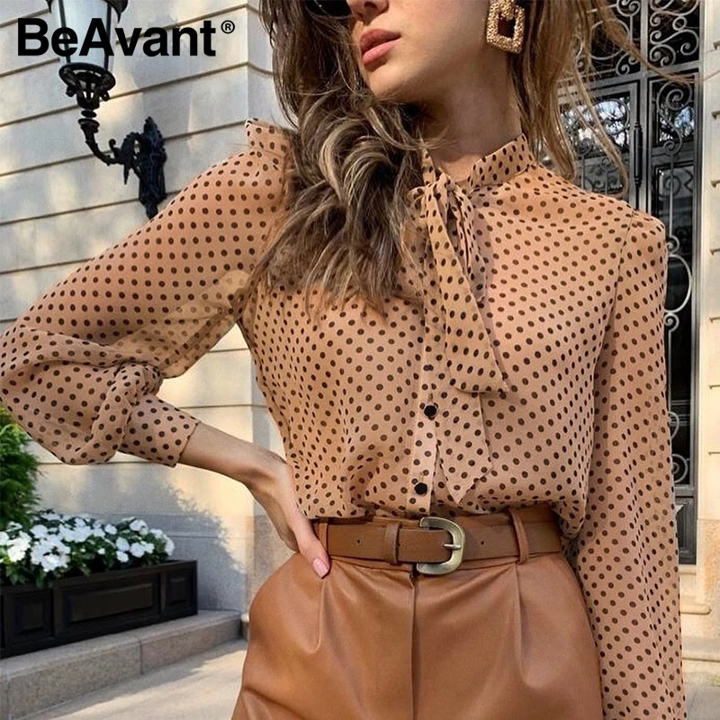 BeAvant Polka Dot Ladies OL Blouses Spring Long Sleeve Neck Tie Chiffon Blouse Shirts Elegant Women 2020 Casual Blusa Tops Chic