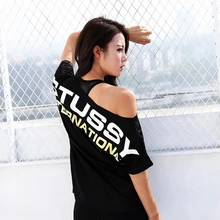 Новинка, летняя Свободная Женская футболка с открытыми плечами и буквенным принтом, короткий рукав, Спортивная, для спортзала, фитнеса, бега, быстросохнущая, для йоги, топы