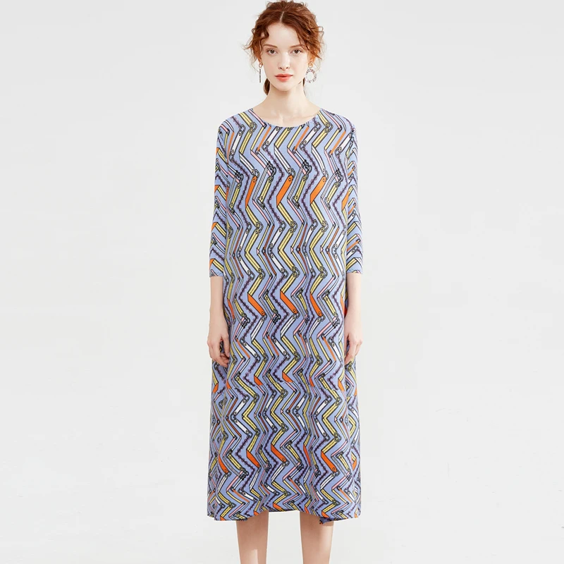 Новинка, Miyake fold, с принтом, семь частей, платье, Круглый дуга, свободный хвост, большой код, женское платье, плиссированное платье, TP5140 - Цвет: Фиолетовый