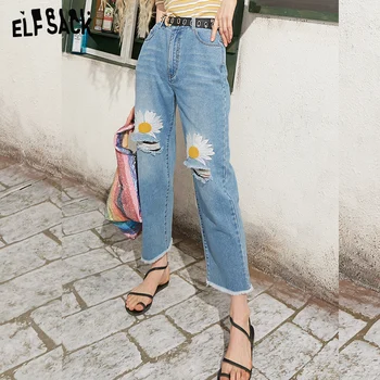 

ELFSACK Blue Daisy Flower Embroidery Ripped Washed Casual Women Jeans 2020 Spring Raw Hem Korean Female Daily Wide Leg Trousers