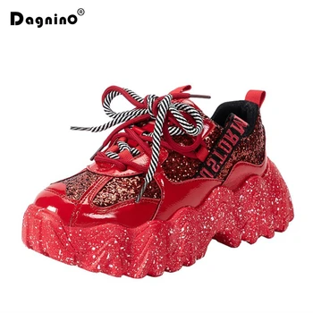 

2020 New Women Chunky Sneakers Designer Dad Shoes Platform Shining Red Ladies Ulzzang Leather Sneakers Bling Casual Shoes Woman