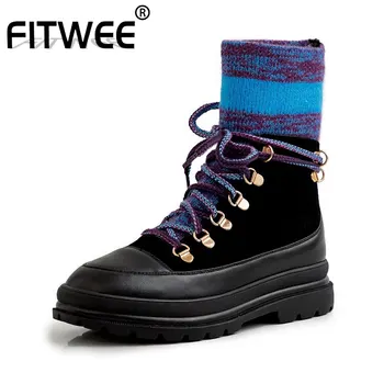 

FITWEE Women Genuine Leather Round Toe Fashion Colorful Ankle Boots Lace Up Flats Warm Fur Shoes Woman Short Boots Size 34-40