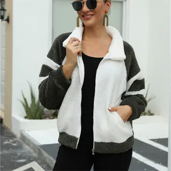 

2020 Women Fluffy Sweater Fuzzy Teddy Zipper Tops Winter Warm Street Wear Casual Patchwork Striped Sherpa Sweaters