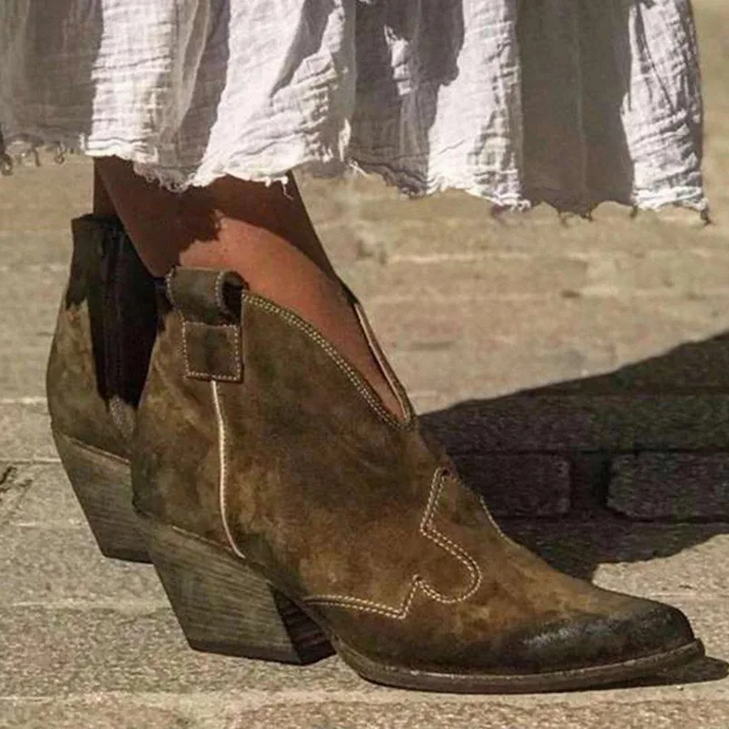 

winter boots women Retro Pointed Toe women Ankle Boots Mid Heel Ladies Solid Flock Leather Low Cut western cowgirl boots Zipper