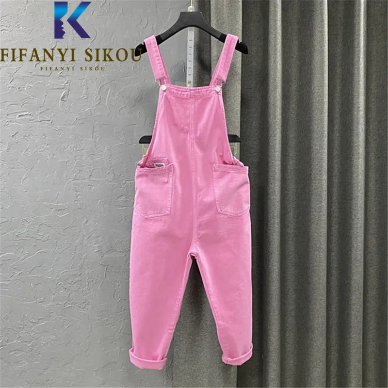 

Женский джинсовый комбинезон с карманами, джинсовый Свободный комбинезон на подтяжках без рукавов с завышенной талией, розовые брюки-султанки, 2022