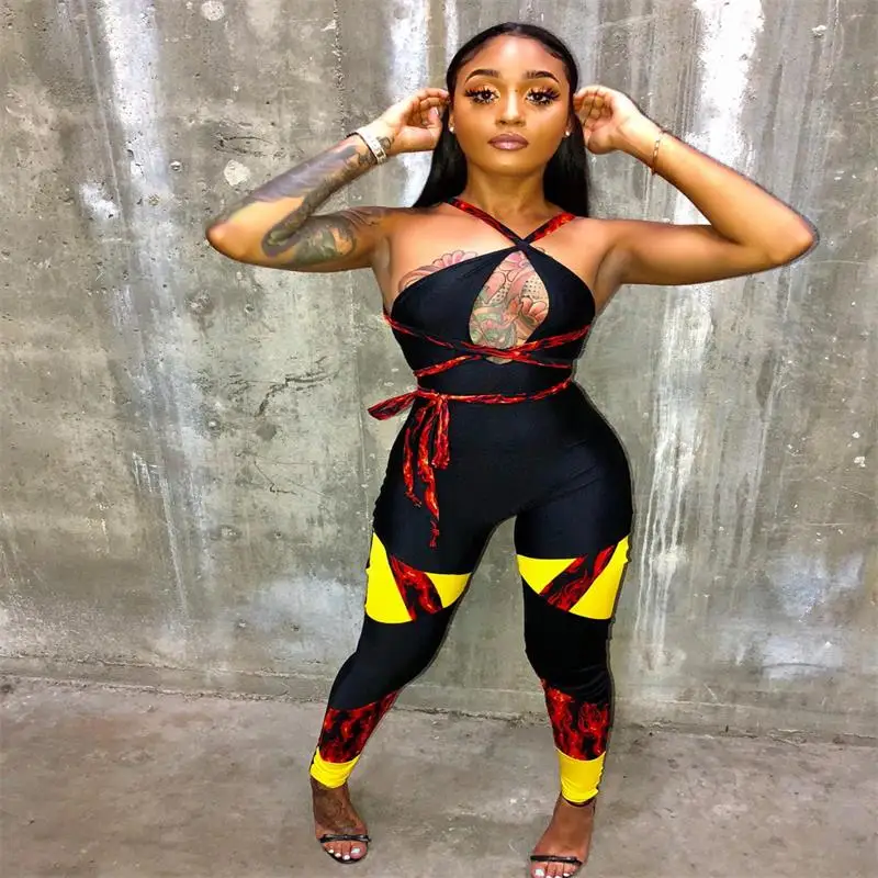 

Contrast Color Spliced Black High Waist Pencil Long Jumpsuits Sexy Clubwear Woman Halter Collar Open Back Lace-Up Rompers KL1126