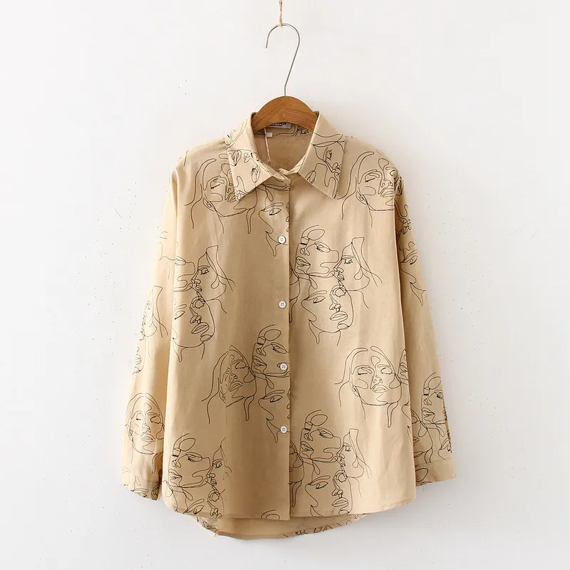 Женская хлопковая блузка с принтом лица Повседневная белая длинным рукавом