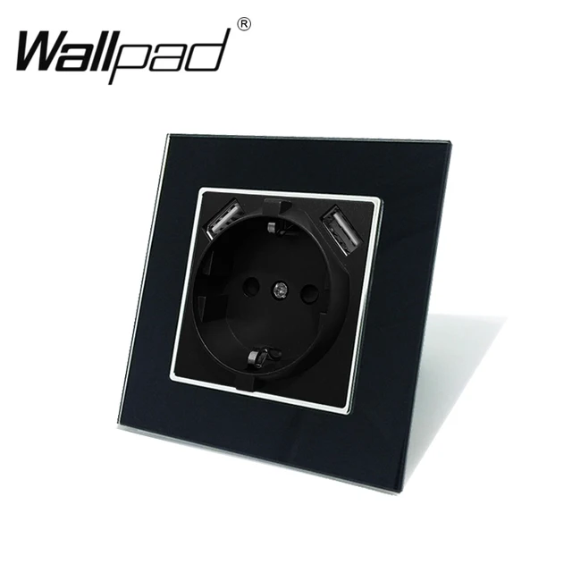 Double EU Schuko Power Socket with Double USB Charging Ports 5.1DC 2.1A For EU Round Box Wallpad 156*86mm EU Outlet with USB 1 Black Glass