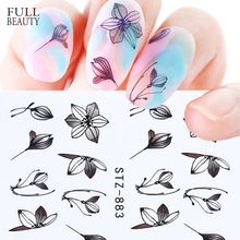 Черные цветочные наклейки для ногтей слайдеры Водная передача листья блумы Временные татуировки Переводные картинки для ногтей маникюр CHSTZ880-902-1