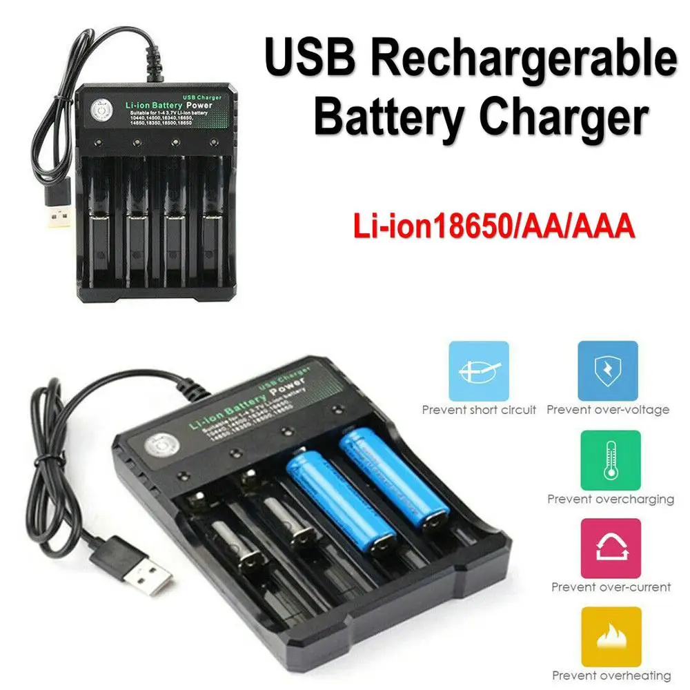 

Universal Black 4 Slots USB Rechargeable Battery Charger For 14500 18650 26650 18350 Charging 3.7V Rechargeable Li-on Battery