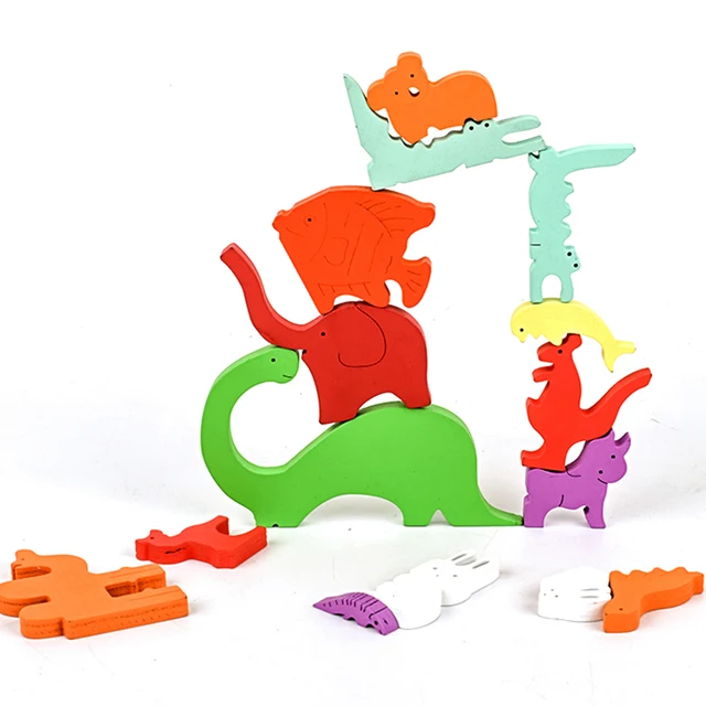 Wooden Animal Blocks 3D Jigsaw Puzzle Baby Toys Animal Shaped Pieces Wooden Puzzle Montessori Educational Stacking Matching Game 5