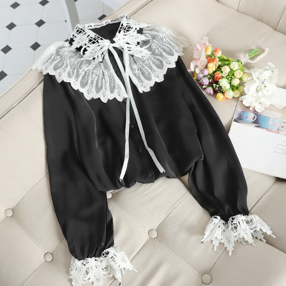 Women Blouse Shirts Элегантный Для Женщин Осеннее кружевное платье с лентами, завязывающимися вокруг ноги ремень Flare рукавом Базовая рубашка с оборками Винтаж тонкого кружева, цветочный кардиган на пуговицах Блузка Топы - Цвет: Women Blouse Shirts
