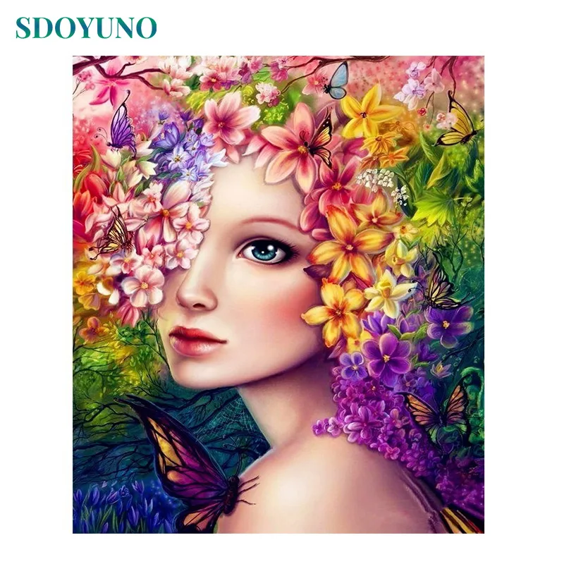 

SDOYUNO 60x75cm Wall Pictures For Living Room DIY Painting By Numbers Flower and Girl On Canvas Frameless For Home Decor