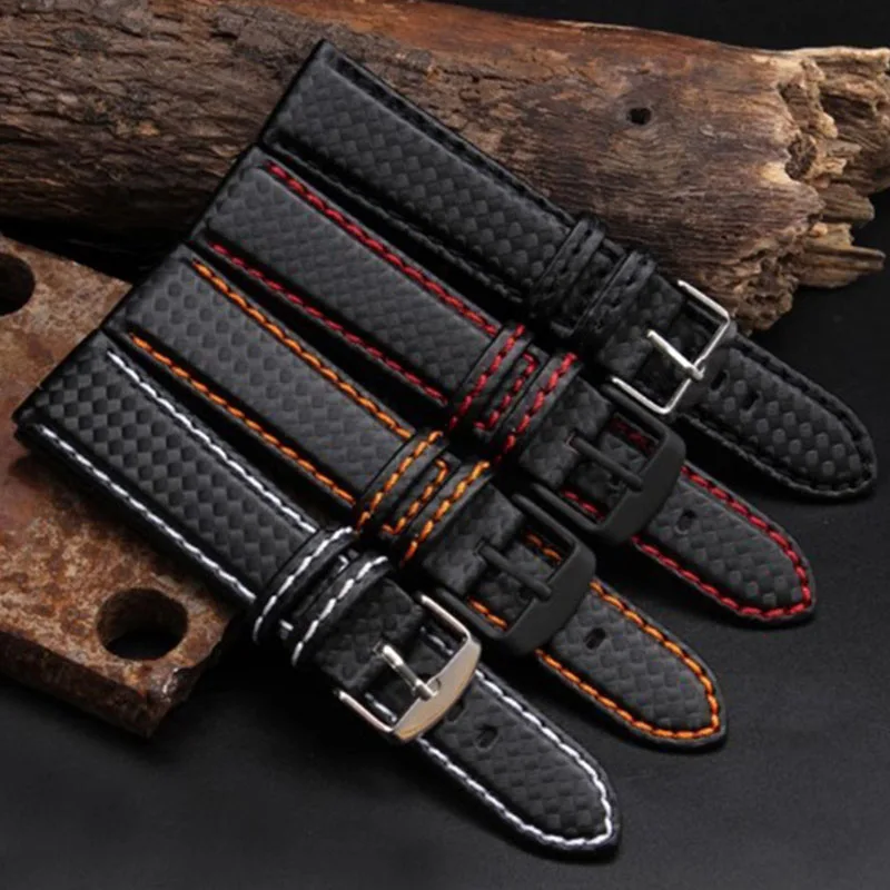 Men's Carbon Fiber Watch Strap with Red Stitching and Leather Lining, Stainless Steel Clasp