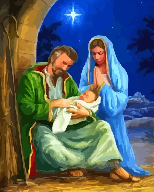 Christian painting by numbers birth of Jesus with Mary and Joseph