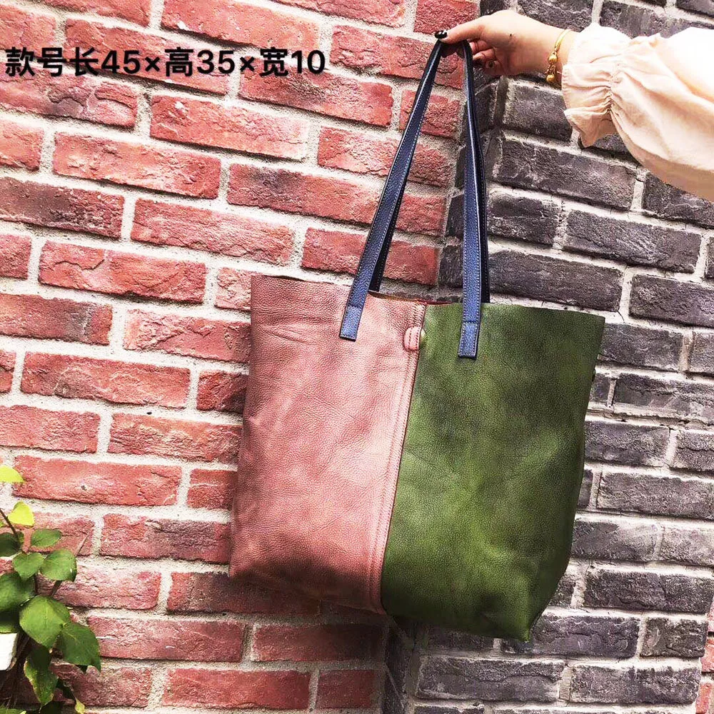 

2019 Genuine Leather Retro Antique Handmade Patchwork Large Durable Individuality Female Tote Handbag Mochila