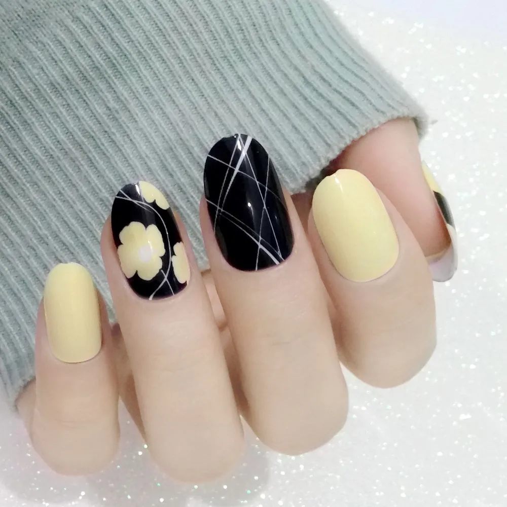 

24 Pcs Oval Artificial Fake Nails Yellow Flower False Nails With Design Lady Finger Nail Art Manicure Tool Z090