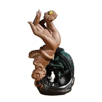 

Buddha Hand Backflow Incense Burner Lotus Smoke Waterfall Incense Holder Purple Aromatherapy Furnace Buddha Censer+10pcs Cones