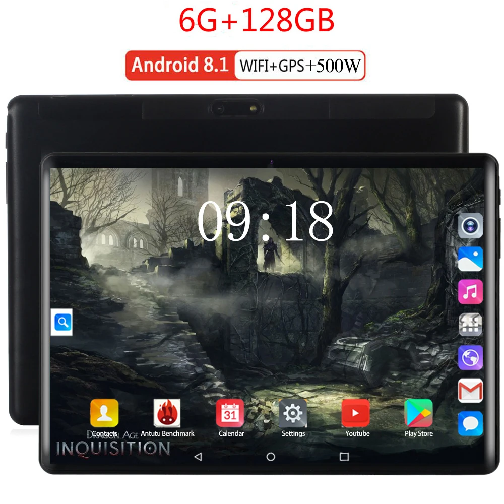 Планшетный пк 6G + 128 гб из закаленного стекла 2.5D 10 дюймов Android 8 0 6 озу пзу 1280*800 IPS 3G 4G