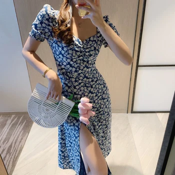 

Slit Floral Chiffon Dress Sexy Square Collar Midi Blue a Line Robe Vintage Party Elegant Korean Summer Beach Ropa Mujer Jurkjes