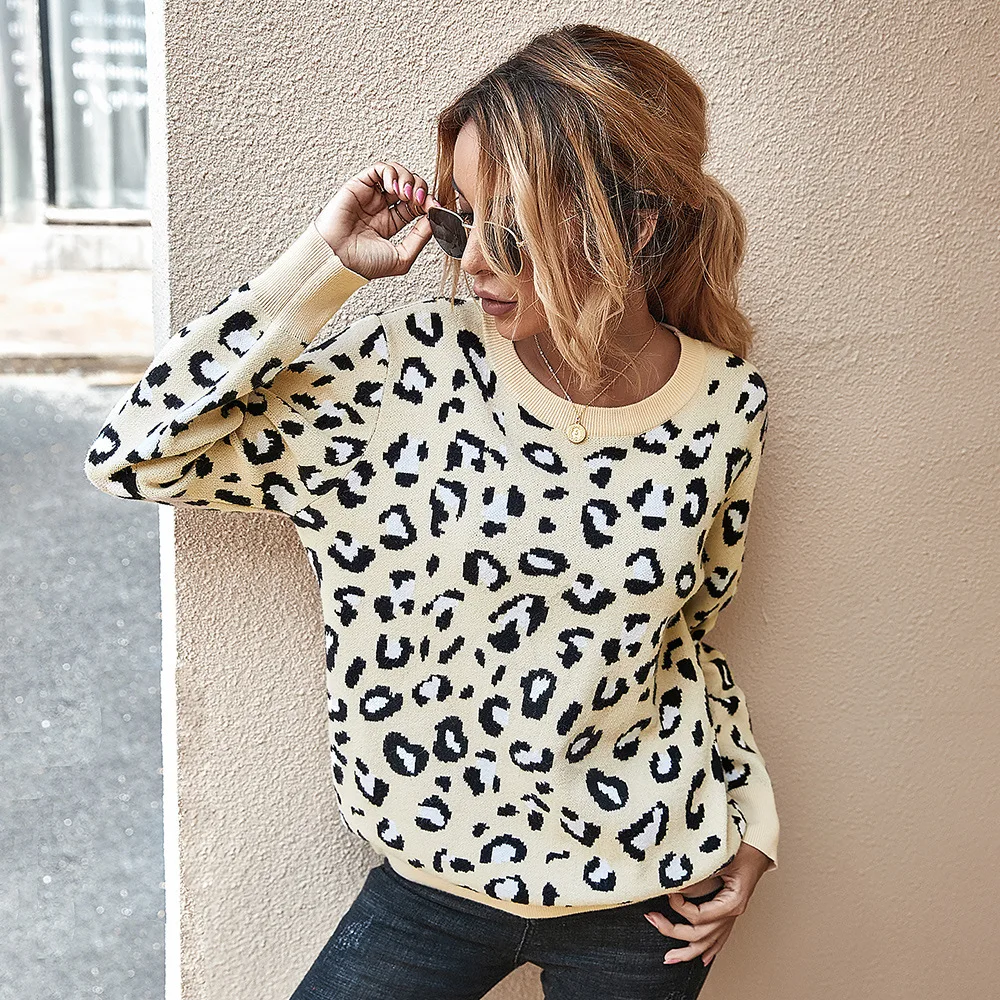 High Quality Fashion Women Knitted Sweaters Leopard Print Ladies Long Sleeve White Sweater Female Jumper Femmes Pullovers Lady striped sweater Sweaters