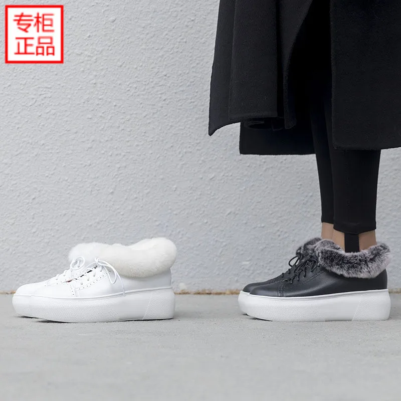 

2019 Autumn And Winter Fluffy Shoes Thick Bottomed Waterproof Platform Genuine Leather Platform Shoes Cowhide Lace-up Casual Sho