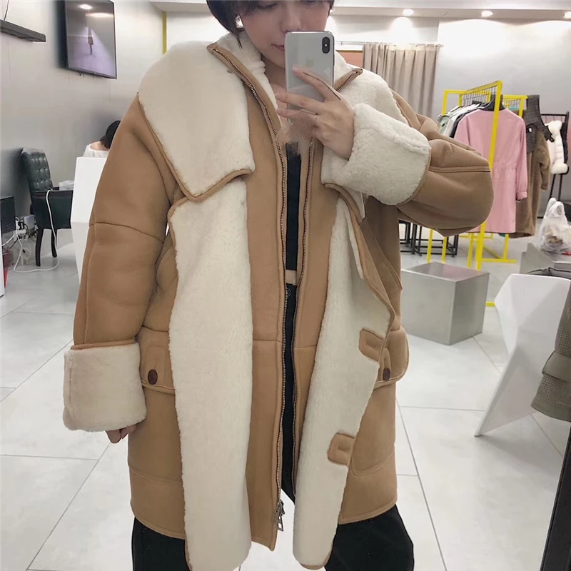 Женское пальто из натурального овечьего меха, зимнее толстое меховое пальто из натуральной овчины, Женская австралийская куртка из мериносовой шерсти