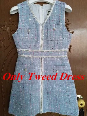 Only Tweed Dress Модное короткое платье из твида с бусинами и жемчугом, свитер, комплект из 2 предметов, Осень-зима, женское милое платье с v-образным вырезом и карманом, офисное платье - Цвет: Only Tweed Dress