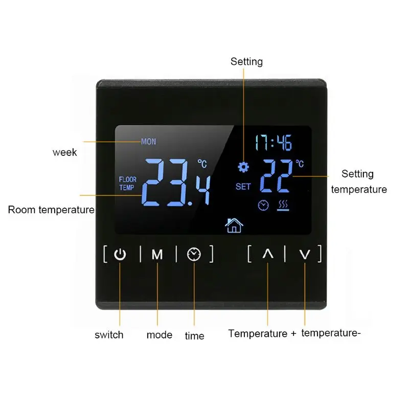 Высокомощный Электрический пол с подогревом термостат с сенсорным экраном черная подсветка двухтемпературный двойной контроль пол