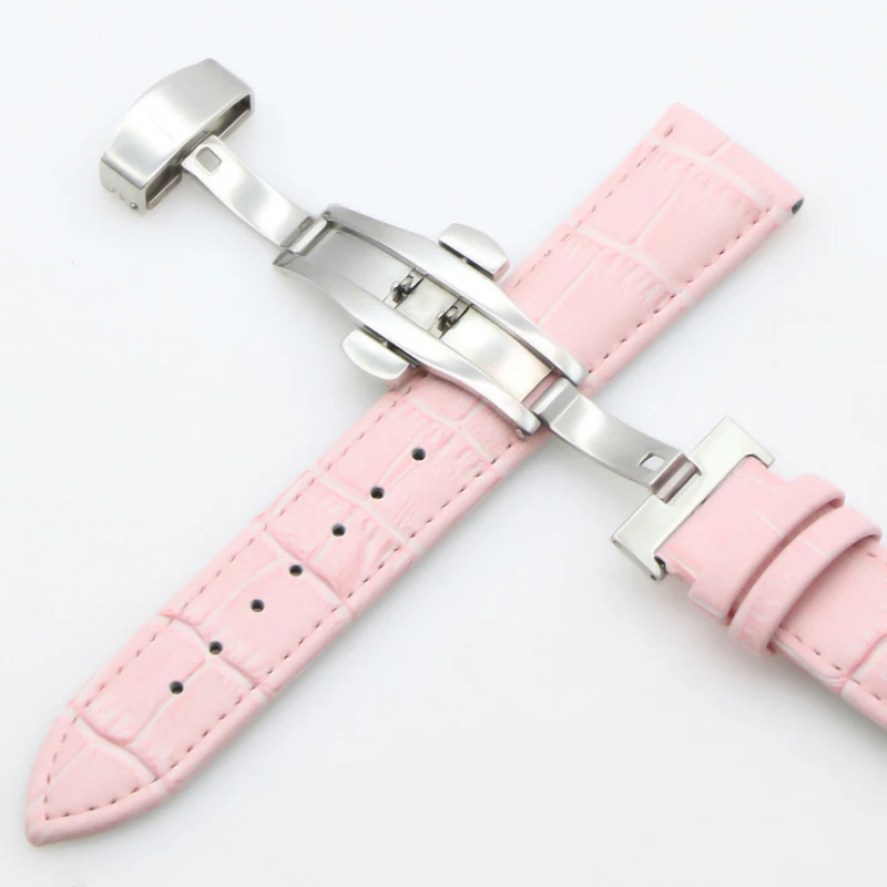 Ремешок для часов из натуральной кожи 18 мм, 20 мм, 22 мм, 24 мм, Универсальные часы с бабочкой, стальная пряжка, браслет, браслет+ инструмент - Цвет ремешка: Розовый