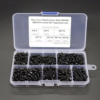 

New 500pcs M3 Black Alloy Steel Round Head Combination Set With Boxed Self Tapping Screw Assortments