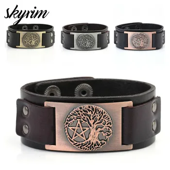 

Skyrim Vintage Tree Of Life Wicca Pentagram Yggdrasil Pentacle Genuine Leather Bracelet Star of David Talisman for Men Jewelry