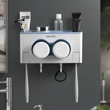 

Wall Mount Toothbrush Holder Multi-functional Slots Bathroom Organizer Toothpaste Squeezer Dispenser Storage Shelf Set