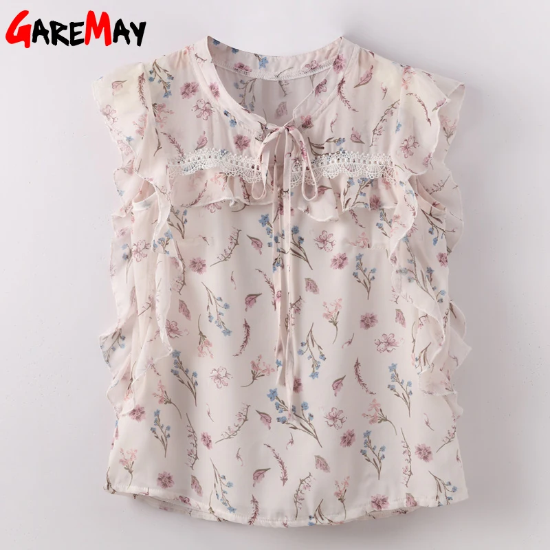 Women Blouses Ruffle 2019 Sleeveless Loose Floral Printed Chiffon Blouse Women Shirt Ladies Bow Tied Neck Feminine Blouse